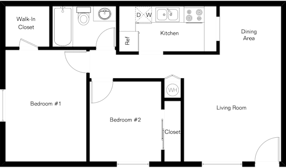 Floor Plan  A floor plan of a small apartment with two bedrooms, a living room, a kitchen, a dining area, a walk-in closet, and a laundry room.