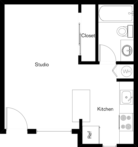 Floor Plan  A floor plan of a studio apartment with a kitchen and a closet.