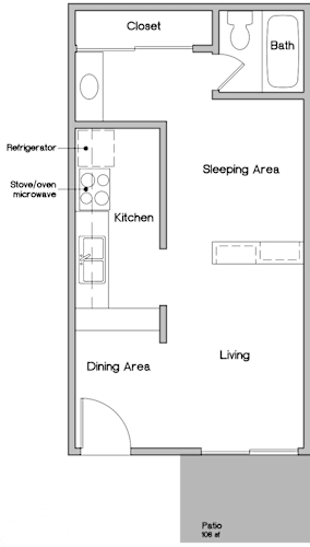 Floor Plan  A floor plan of a small apartment with a sleeping area, kitchen, dining area, and a patio.