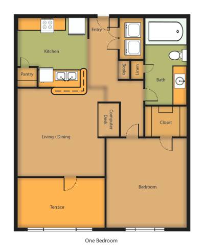 Floor Plan  a floor plan of a residence with a bedroom and a terrace