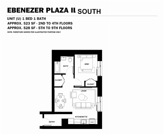 Floor Plan  A floor plan for a unit in the Ebenezer Plaza II South building.