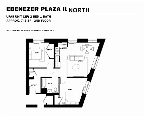 Floor Plan  A black and white image of a floor plan for the Ebenezer Plaza II North.