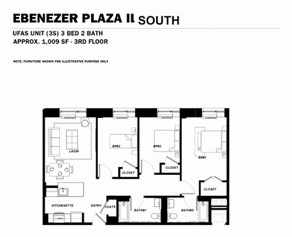 Floor Plan  A floor plan of a 3 bedroom apartment in Ebenzer Plaza II South.