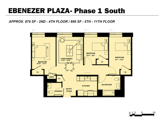 Floor Plan  A floor plan for the Ebenezer Plaza Phase 1 South shows two bedrooms, a living room, a dining room, a kitchen, a bathroom, and an entry powder room.