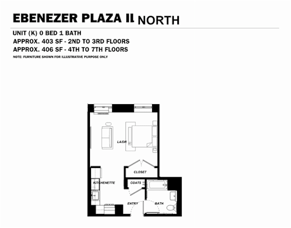 Floor Plan  A black and white image of a floor plan for a unit at Ebenezer Plaza II North.