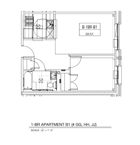 Floor Plan  A drawing of apartment B1 shows a floor plan with a kitchen, living room, and bedrooms.