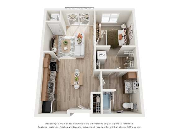 Floor Plan  A floor plan of a small apartment with a kitchen, living room, and bathroom.