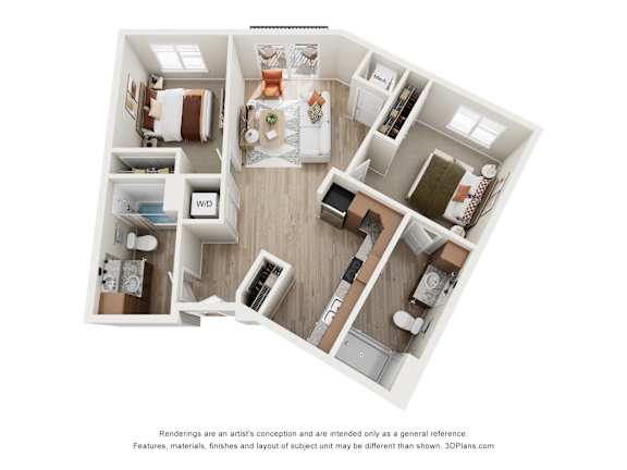 Floor Plan  A 3D floor plan of a house with a kitchen, living room, and two bedrooms.