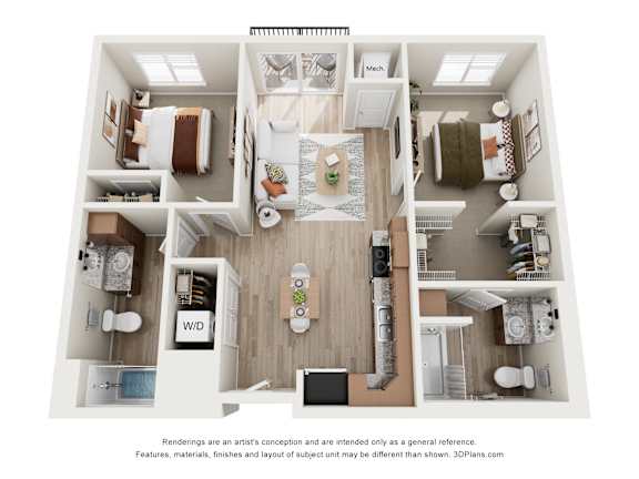 Floor Plan  A 3D floor plan of a house with labeled rooms.