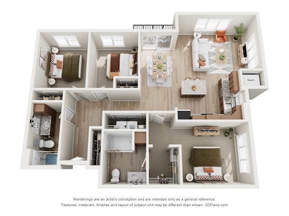 Floor Plan  A 3D floor plan of a house layout.