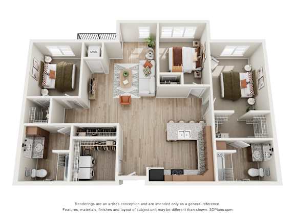 Floor Plan  A 3D floor plan of a house with a kitchen, living room, and bathrooms.