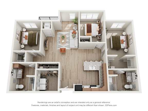 Floor Plan  A 3D floor plan of a house with a kitchen, living room, and bathrooms.