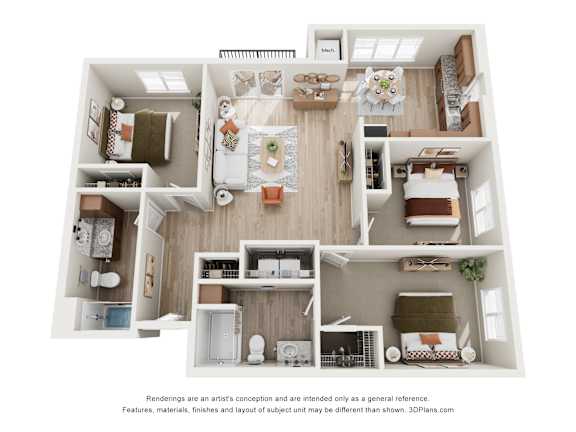 Floor Plan  A 3D floor plan of a house with a kitchen, living room, and bedrooms.