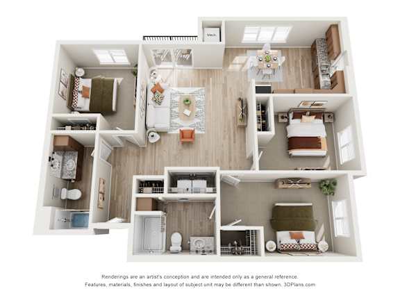 Floor Plan  A 3D floor plan of a house with a kitchen, living room, and two bedrooms.