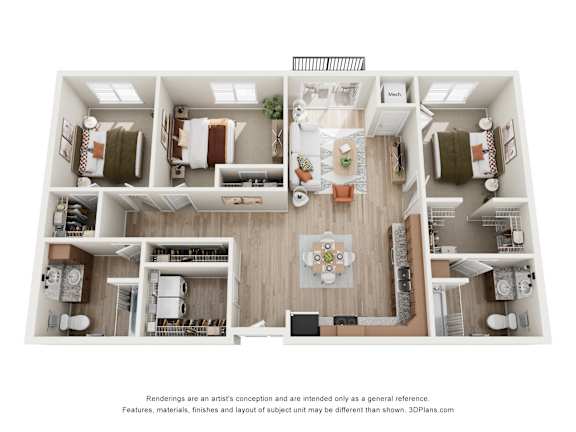 Floor Plan  A 3D floor plan of a house with a kitchen, living room, and two bedrooms.