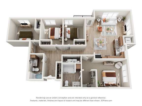 Floor Plan  A 3D floor plan of a house with a kitchen, living room, and two bedrooms.