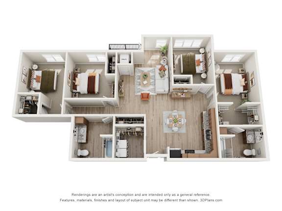Floor Plan  A 3D floor plan of a house with a kitchen, living room, and bedrooms.