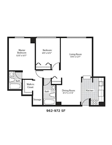 Floor Plan  A floor plan of a house with a master bedroom, two bathrooms, a walk-in closet, a dining room, a kitchen, and a living room.