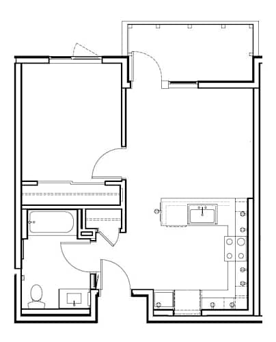 Floor Plan  A floor plan of a house with a kitchen, living room, and two bedrooms.