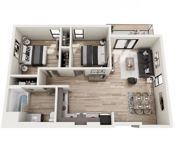 Floor Plan  A top-down view of a modern apartment layout with a kitchen, living room, and bedrooms.