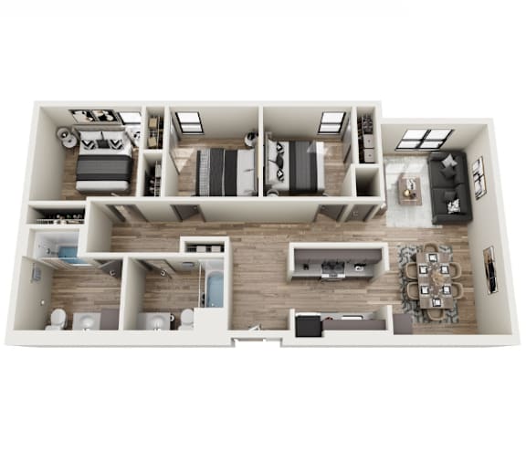 Floor Plan  A top-down view of a modern apartment layout with a kitchen, living room, and bedrooms.