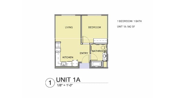 Floor Plan  A floor plan of a one bedroom apartment.