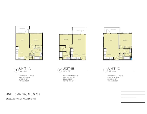 Floor Plan  Three floor plans for units 1A, 1B, and 1C with details on bedrooms and bathrooms.