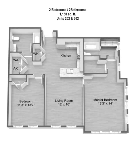 Floor Plan  2Bed 2Bath 1150 sqft