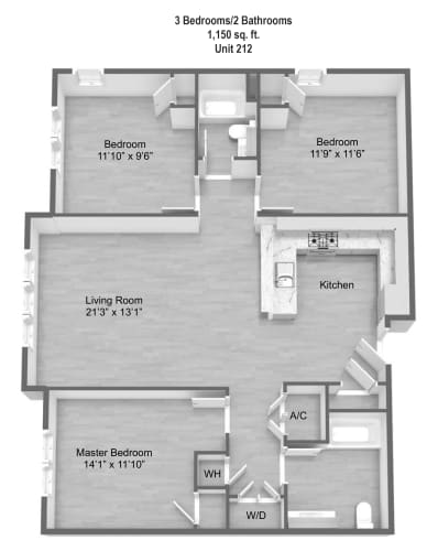 Floor Plan  3 Bed 2 Bath 1150 sqft