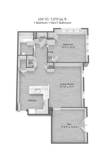 Floor Plan  A floor plan of a 1 bedroom apartment with den.