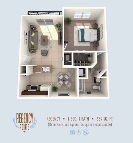 Floor Plan  A diagram of a one bedroom, one bathroom apartment sits on a 689 square foot lot.