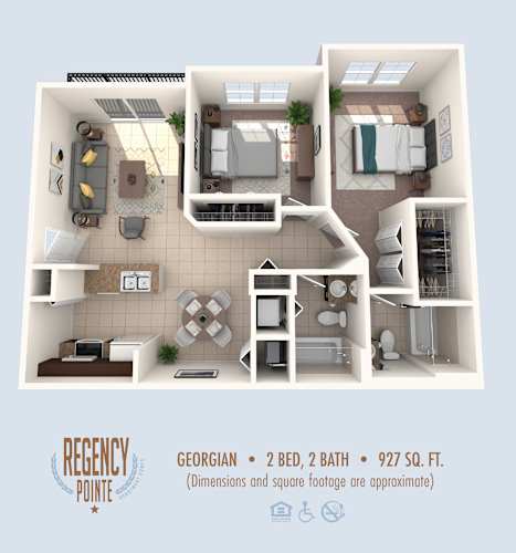 Floor Plan  A 3D floor plan of a 2 bedroom, 2 bathroom apartment at Regency Pointe.