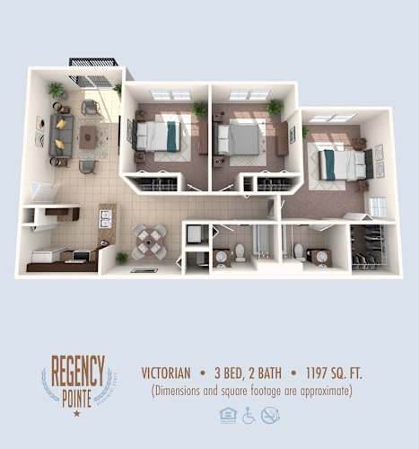 Floor Plan  A floor plan of a Victorian style apartment with 3 bedrooms, 2 bathrooms and a total area of 1197 square feet.