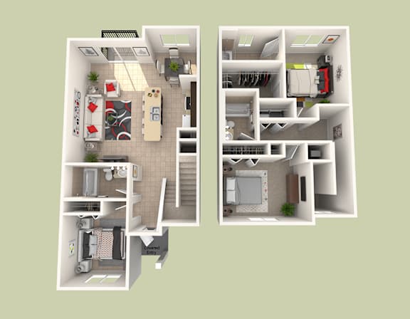 Floor Plan  A floor plan of a two-story apartment with a living room, kitchen, bedrooms, and bathrooms.