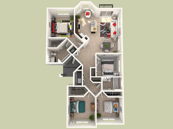 Floor Plan  A floor plan of a house with a covered entry and a garage.