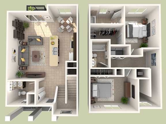 Floor Plan  A 3D floor plan of a house showing the layout of the rooms.