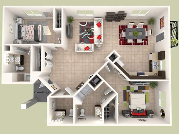 Floor Plan  A 3D rendered image of a house layout.