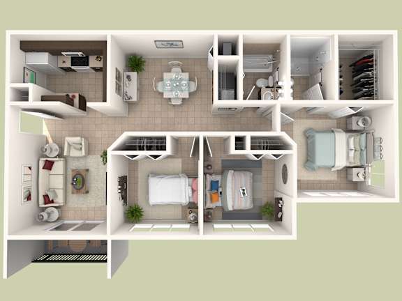 Floor Plan  A top-down view of a small apartment with a kitchen, living room, and bathroom.