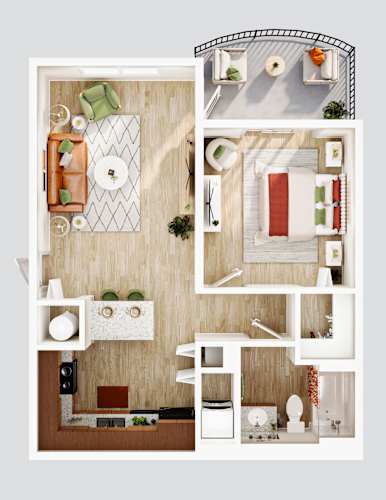 Floor Plan  A top-down view of a well-organized kitchen and dining area.