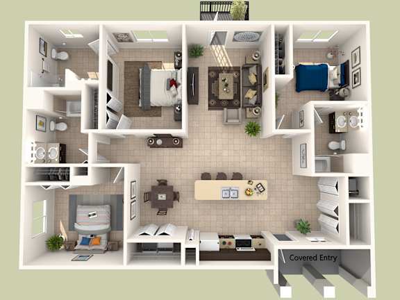 Floor Plan  A 3D rendered image of a house layout.