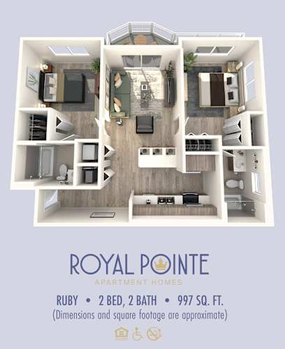 Floor Plan  A floor plan of a 2 bedroom, 2 bathroom apartment that is 997 square feet.