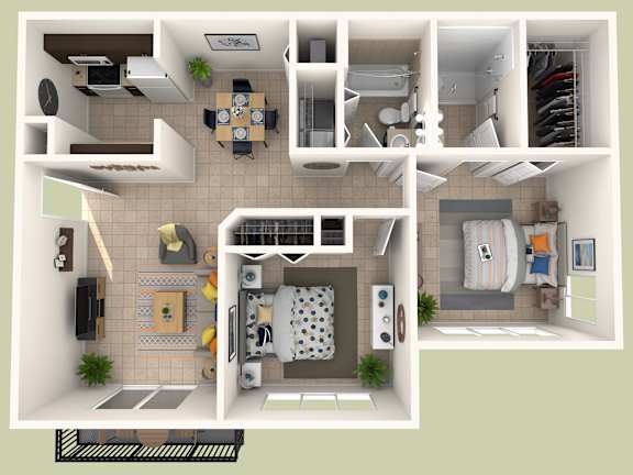 Floor Plan  A 3D floor plan of a small apartment with a kitchen, living room, and bedroom.