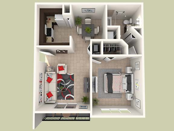 Floor Plan  A 3D floor plan of a small apartment with a kitchen, living room, and bathroom.