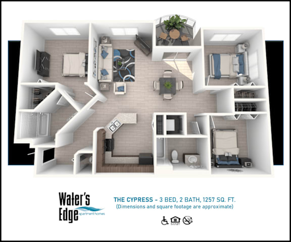 Floor Plan  A floor plan of a 3 bedroom, 2 bathroom apartment at Waller's Edge.