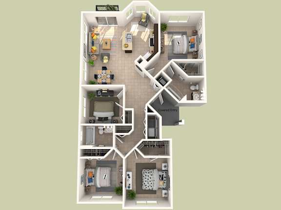 Floor Plan  A detailed 3D floor plan of a multi-bedroom apartment.