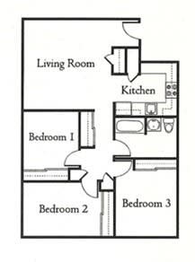 Floor Plan  A floor plan of a small apartment with a living room, kitchen, and three bedrooms.