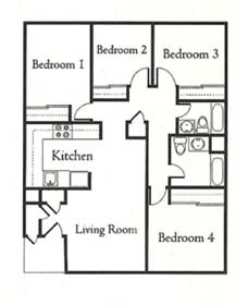 Floor Plan  A black and white image of a house floor plan with four bedrooms, a living room, and a kitchen.