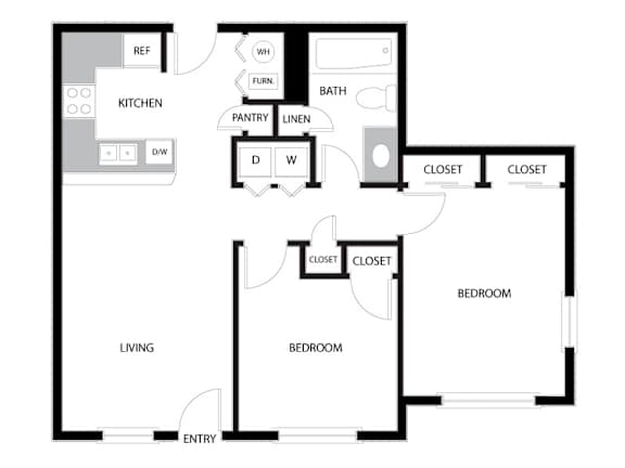 Floor Plan  A floor plan of a house with two bedrooms, a living area, a kitchen, a bathroom, a pantry, and a closet.