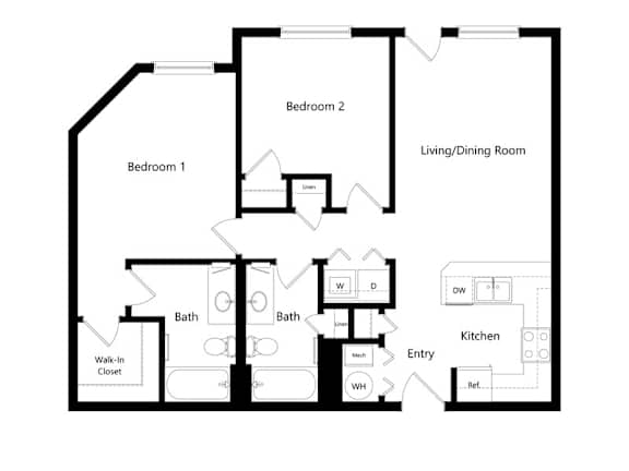 Floor Plan  A black and white floor plan of a house with two bedrooms, a living/dining room, a kitchen, two bathrooms, and a walk-in closet.