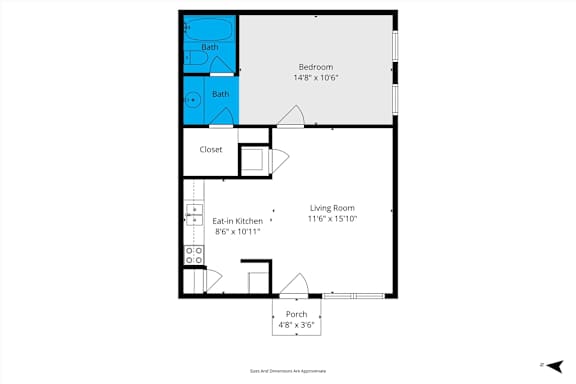 Floor Plan  A floor plan of a house with a living room, two bathrooms, a bedroom, a closet, an eat-in kitchen, and a porch.